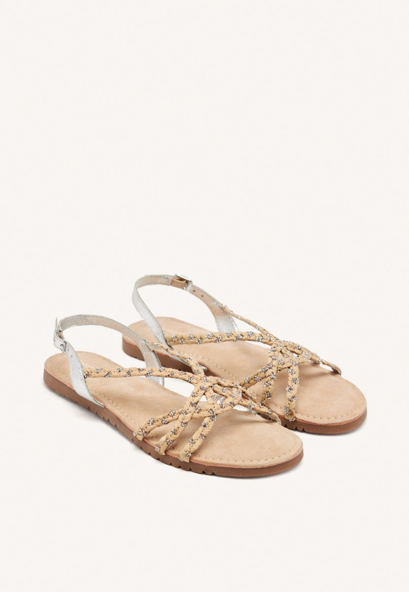 SANDALES PLATES CUIR, RAPHIA ET PAILLETTES WIOTA