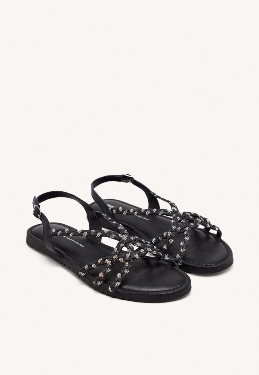 SANDALES PLATES CUIR, RAPHIA ET PAILLETTES WIOTA