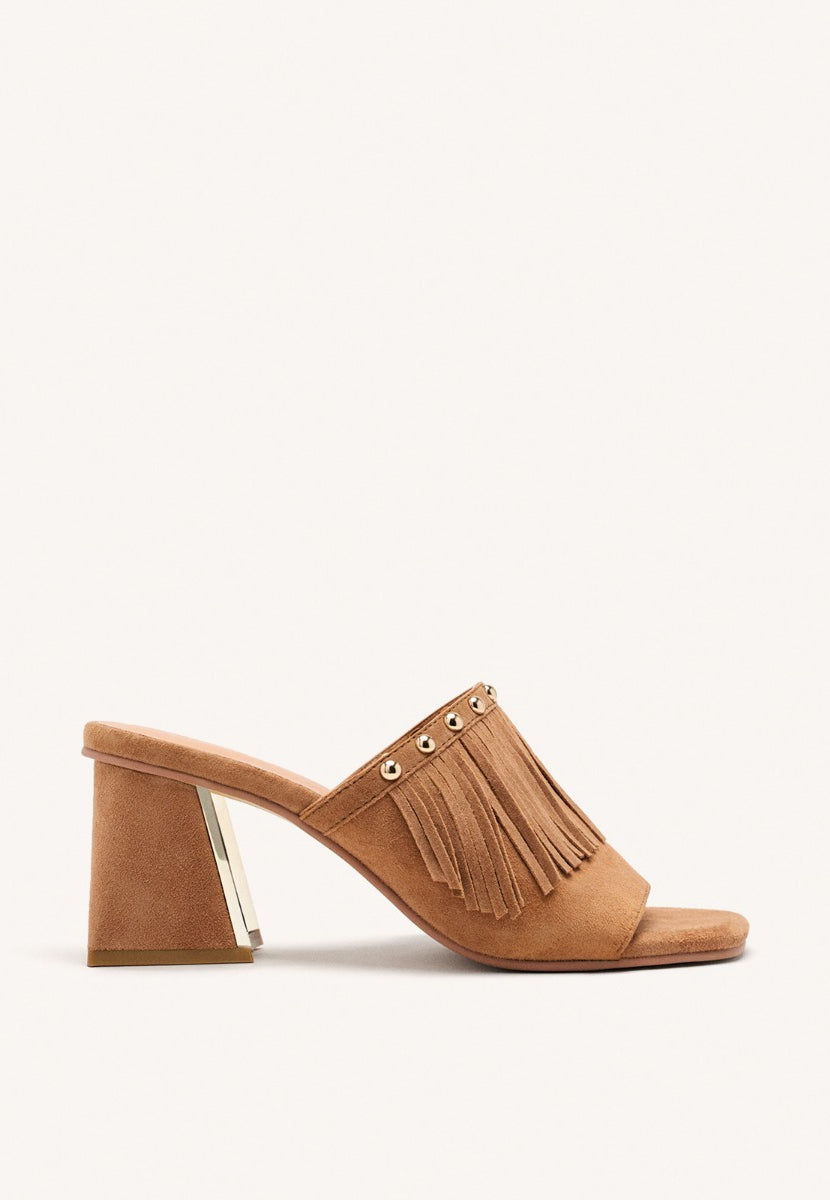 LEATHER FRINGE HEEL MULES SANDALS DIXFIELD