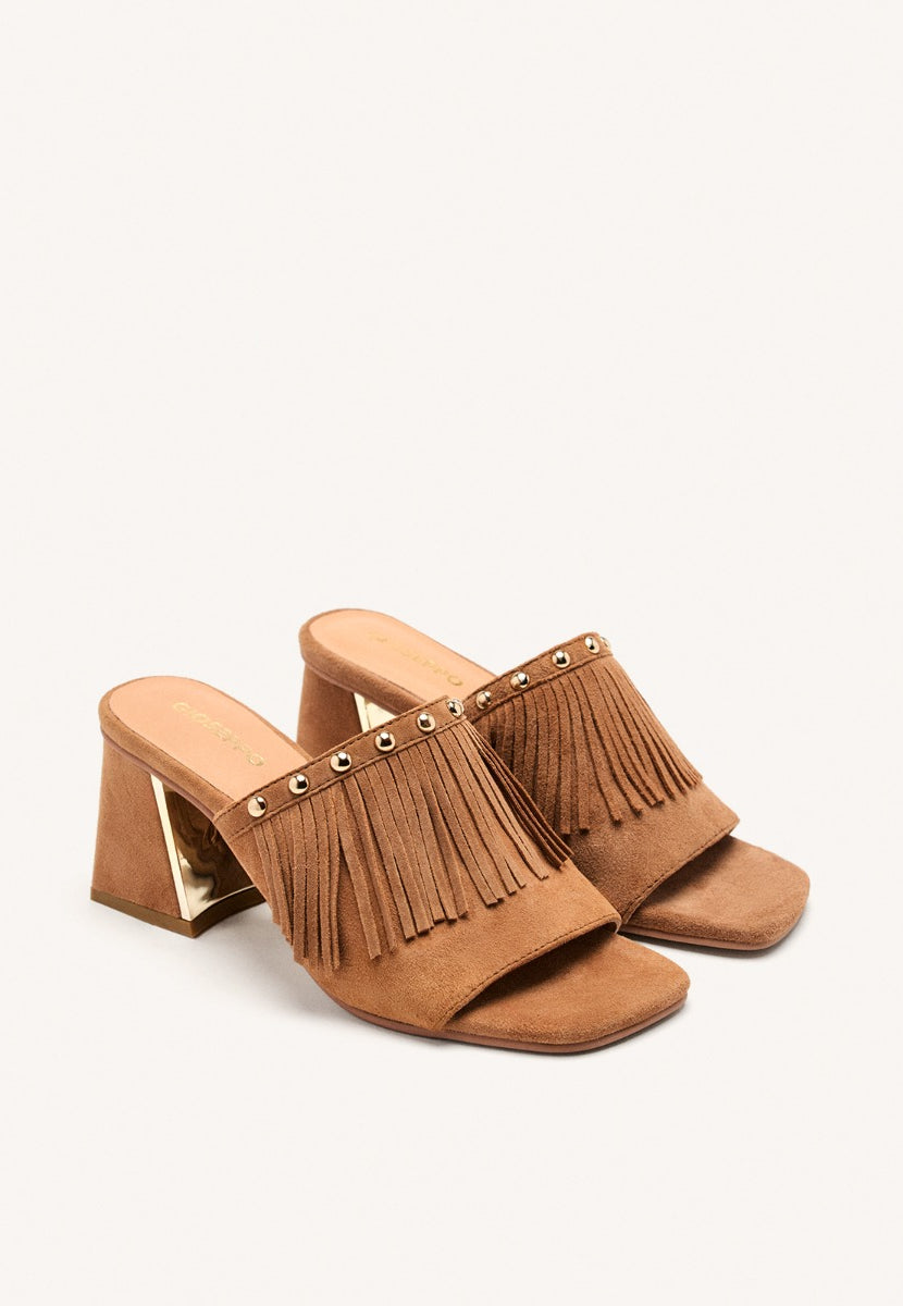 LEATHER FRINGE HEEL MULES SANDALS DIXFIELD