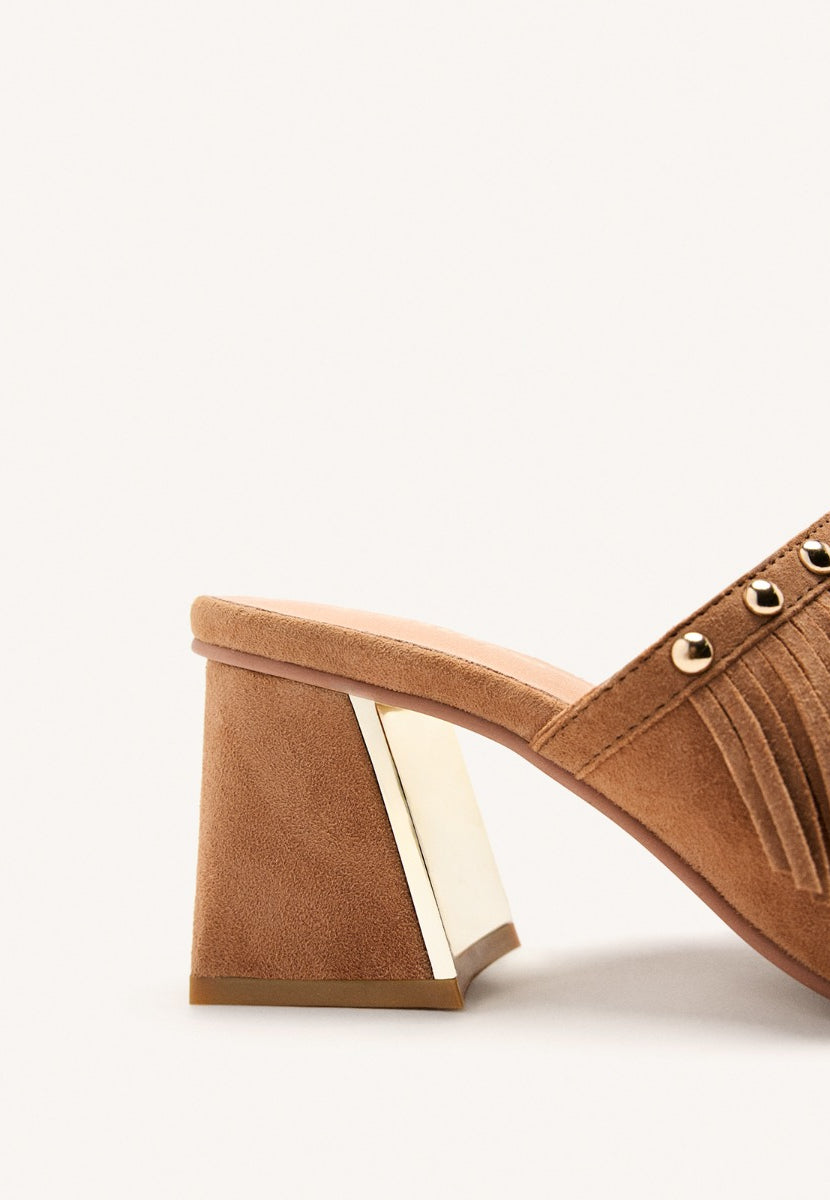 LEATHER FRINGE HEEL MULES SANDALS DIXFIELD