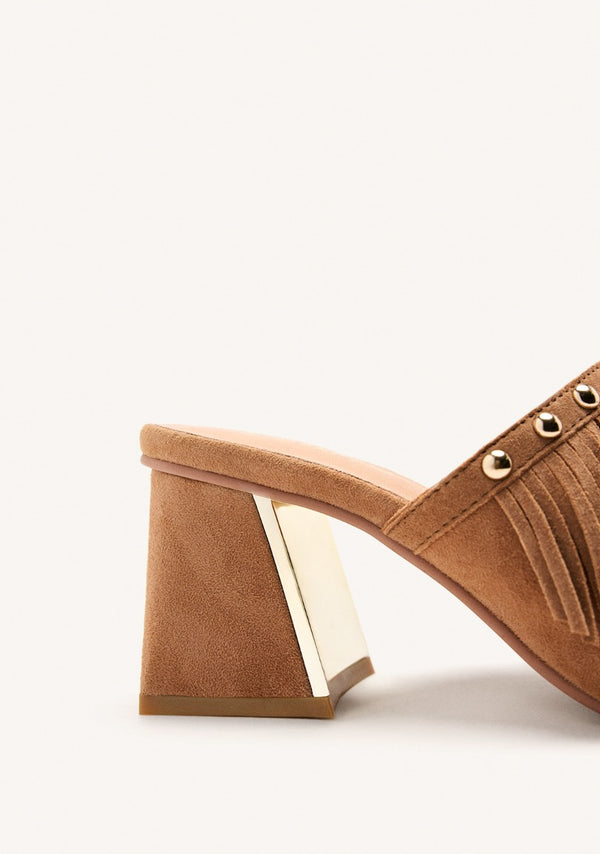 LEATHER FRINGE HEEL MULES SANDALS DIXFIELD