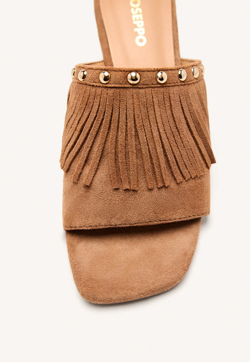 LEATHER FRINGE HEEL MULES SANDALS DIXFIELD