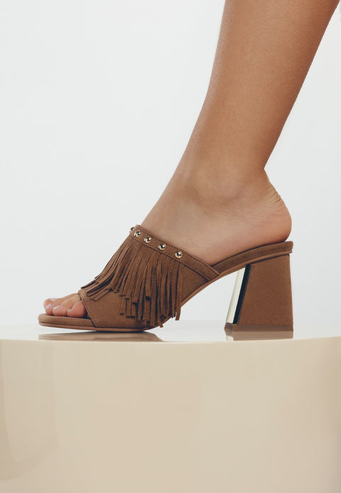 LEATHER FRINGE HEEL MULES SANDALS DIXFIELD