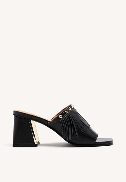 LEATHER FRINGE HEEL MULES SANDALS DIXFIELD