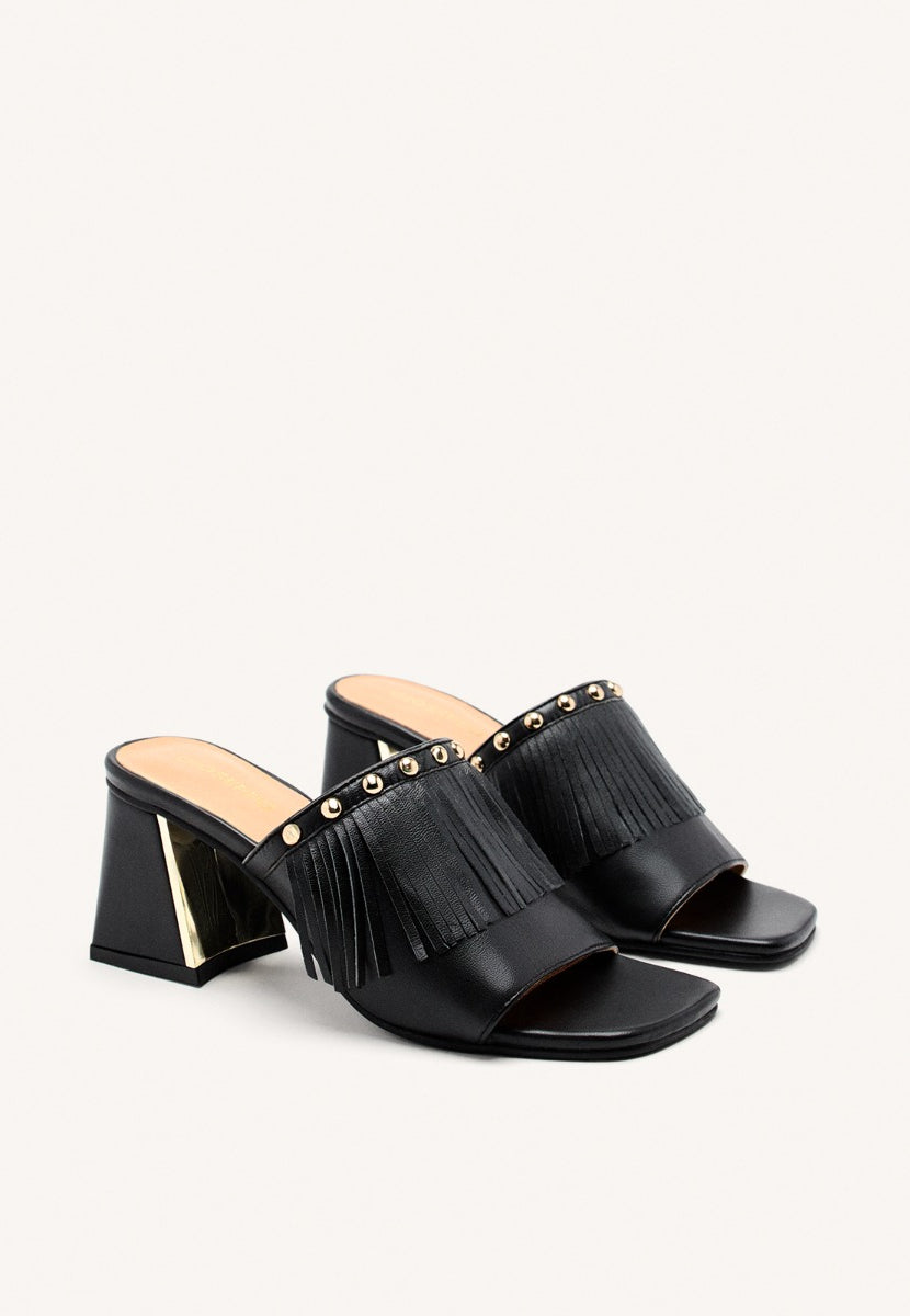 LEATHER FRINGE HEEL MULES SANDALS DIXFIELD