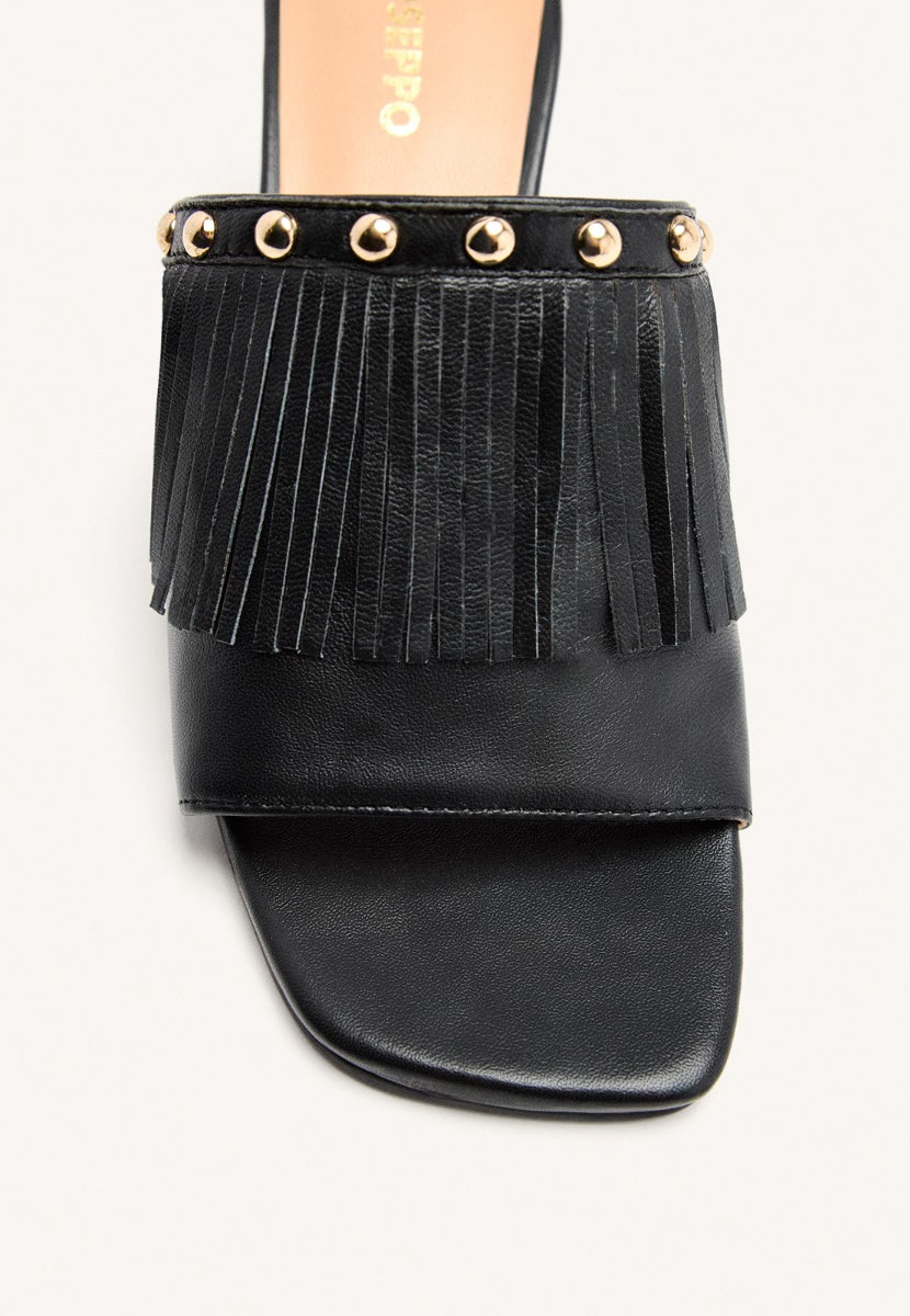 LEATHER FRINGE HEEL MULES SANDALS DIXFIELD