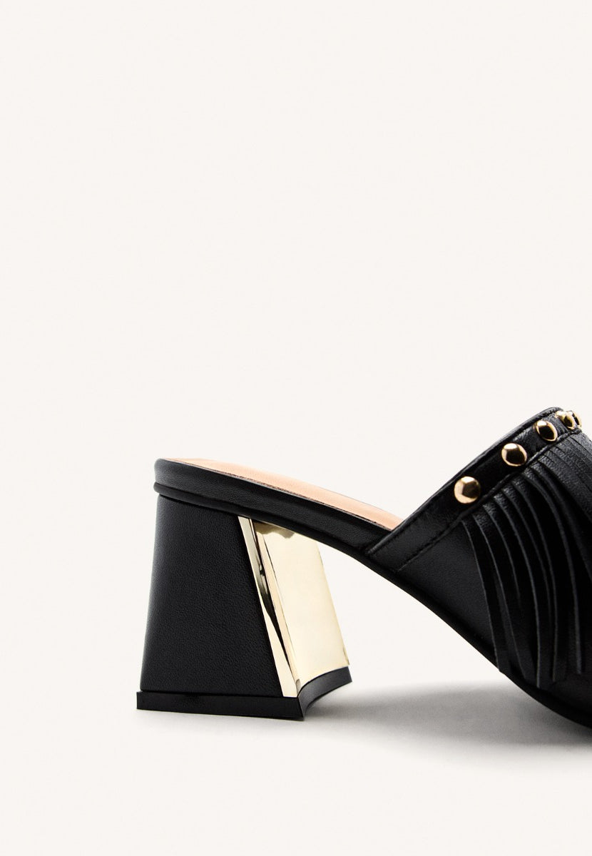 LEATHER FRINGE HEEL MULES SANDALS DIXFIELD