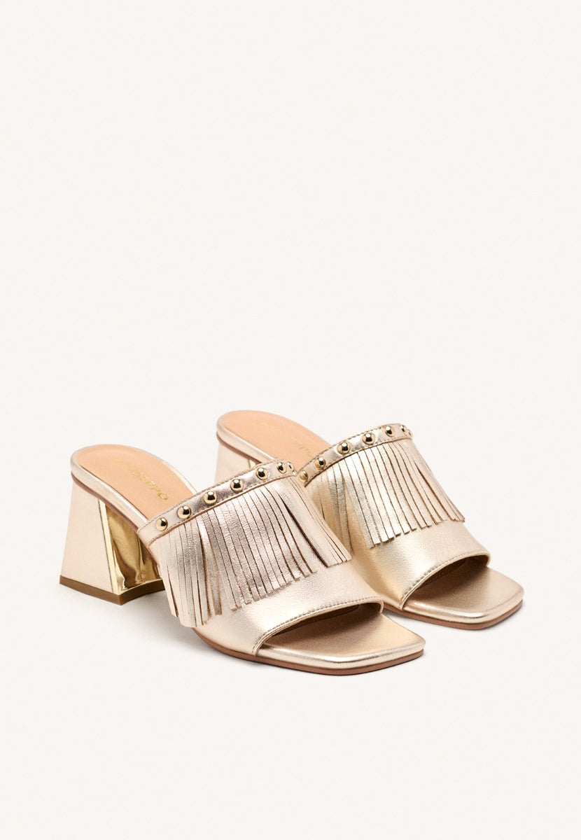 LEATHER FRINGE HEEL MULES SANDALS DIXFIELD