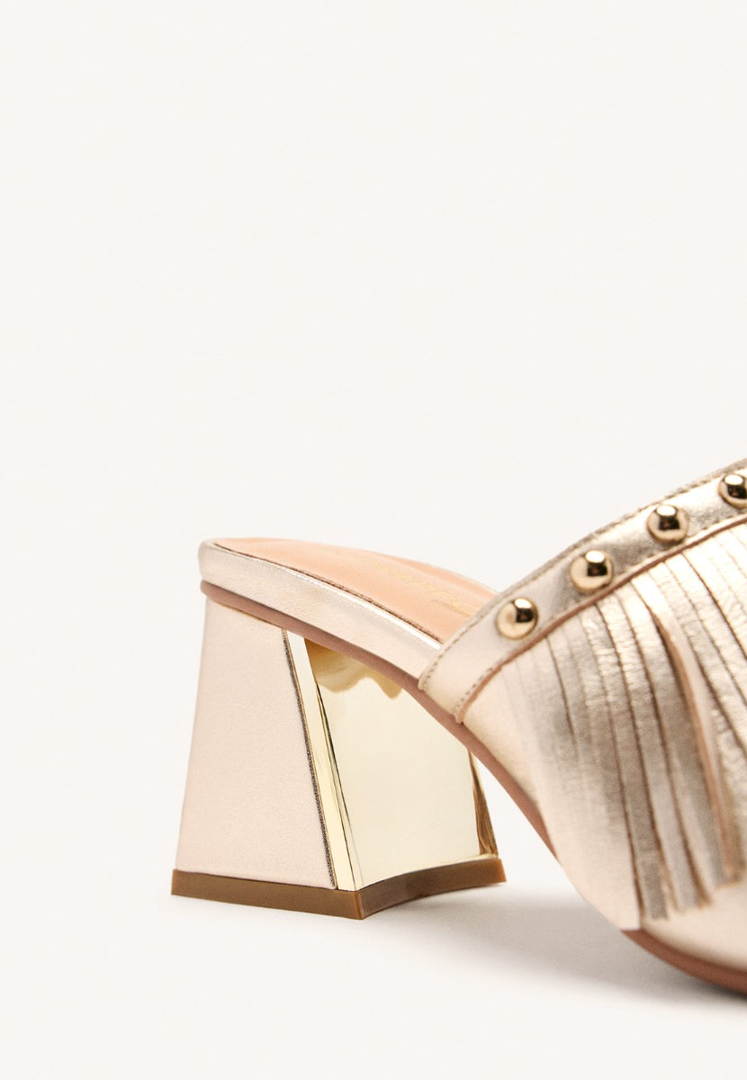 LEATHER FRINGE HEEL MULES SANDALS DIXFIELD