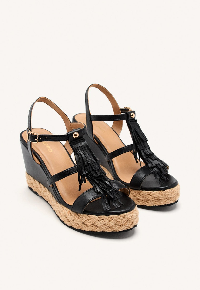 LEATHER FRINGE WEDGE SANDALS ELDERON