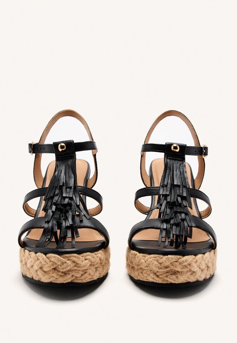 LEATHER FRINGE WEDGE SANDALS ELDERON