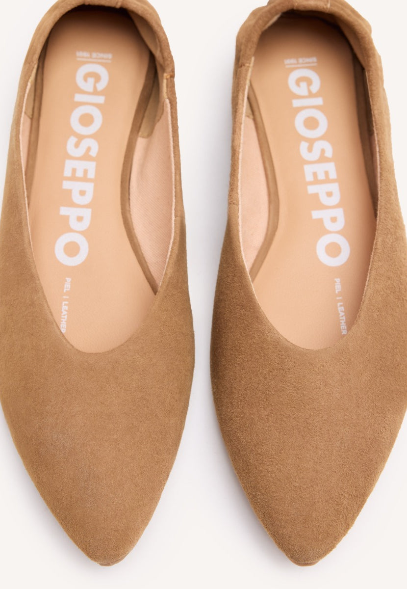 BALLERINE IN PELLE COLORE CUOIO CON PUNTA SOTTILE E TALLONE INCROCIATO PER DONNA