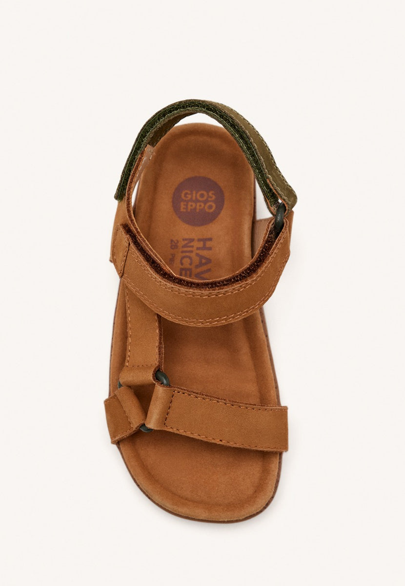 SANDALIAS COLOR CUERO DE PIEL CON ACENTOS EN CAQUI PARA NIÑO Y NIÑA DEPOE