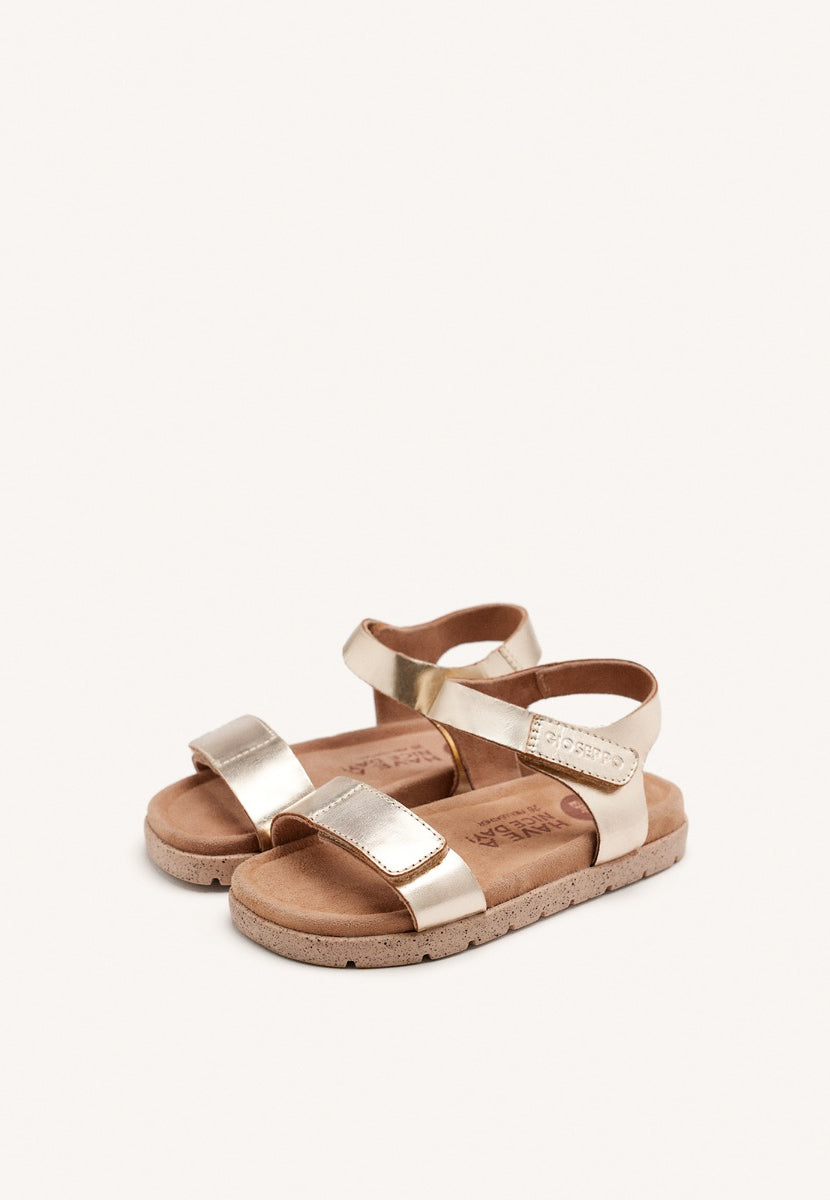 SANDALIAS DORADAS DE PIEL CON CIERRES AJUSTABLES Y PLANTA TIPO BIO PARA NIÑO Y NIÑA BUDE
