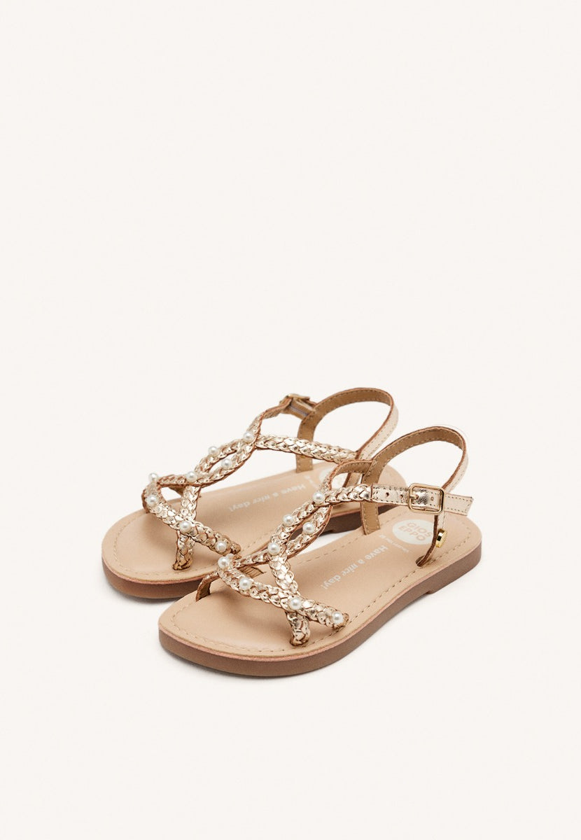 SANDALI PELLE INTRECCIATA CON PERLE MARTELL