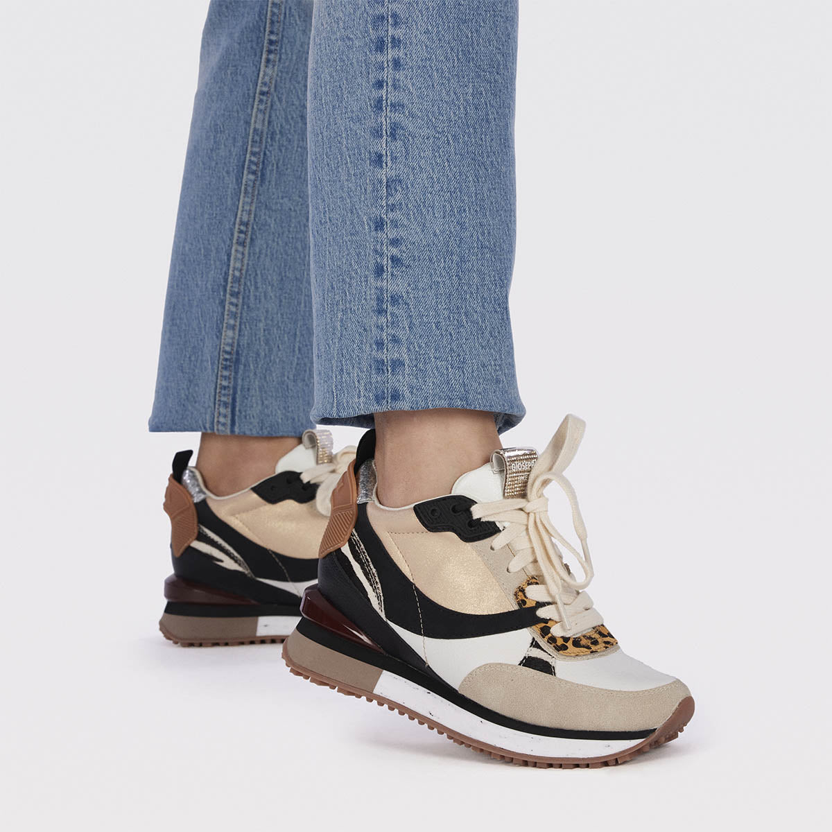 Onida women's white sneakers with mixed prints and inner wedges