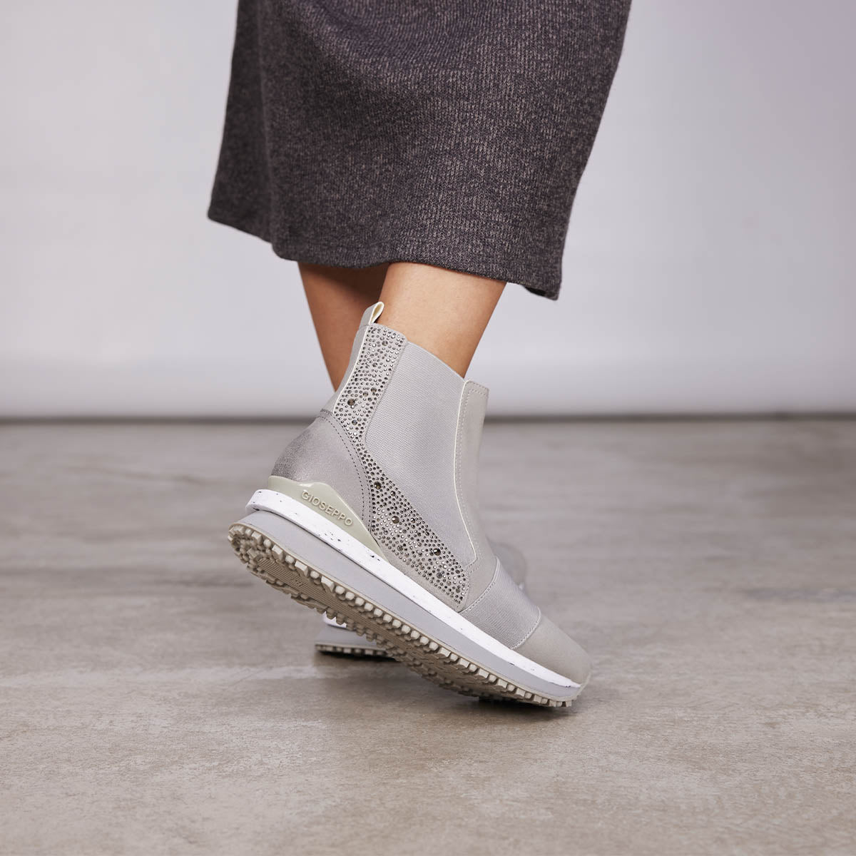 Herreid women's grey shearling boot-style sneakers with crystals