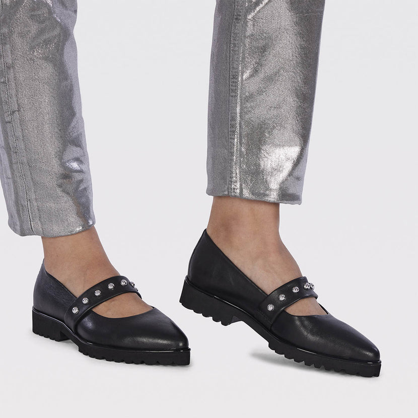 Waldegg women's black leather ballet flats with a studded strap