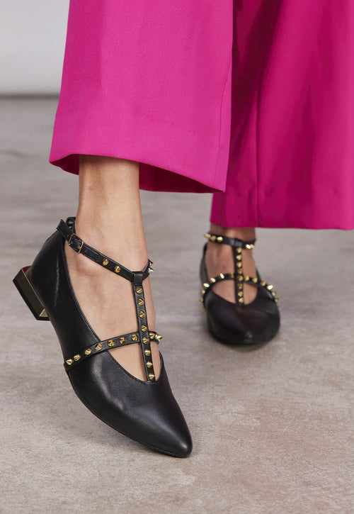 Bailarinas negras de piel con tiras y detalle de tachuelas para mujer nyborg  