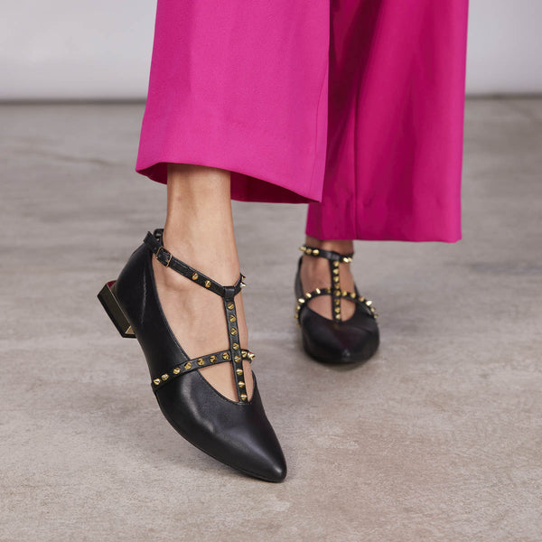 Nyborg women's black leather ballet flats with straps and decorative studs