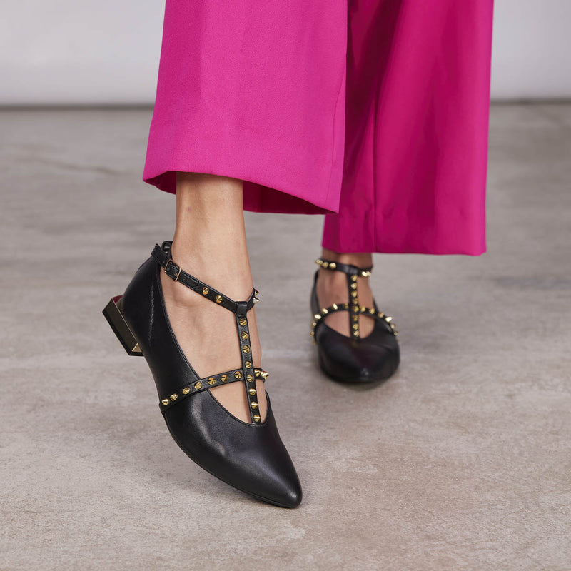 Nyborg women's black leather ballet flats with straps and decorative studs