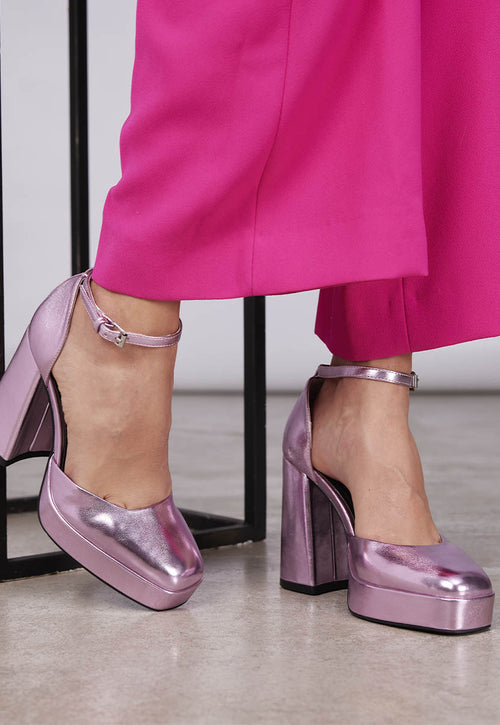 Zapatos rosa metalizado de tacón ancho y plataforma para mujer assynt 