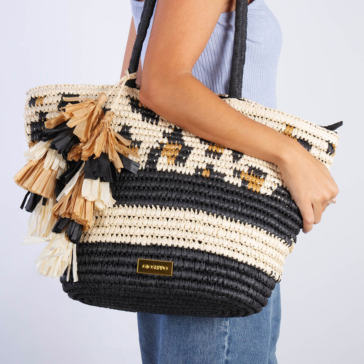 NATURAL COLOR BASKET WITH FRINGES, ANIMAL PRINT AND CONTRAST BANDS RAMACCA