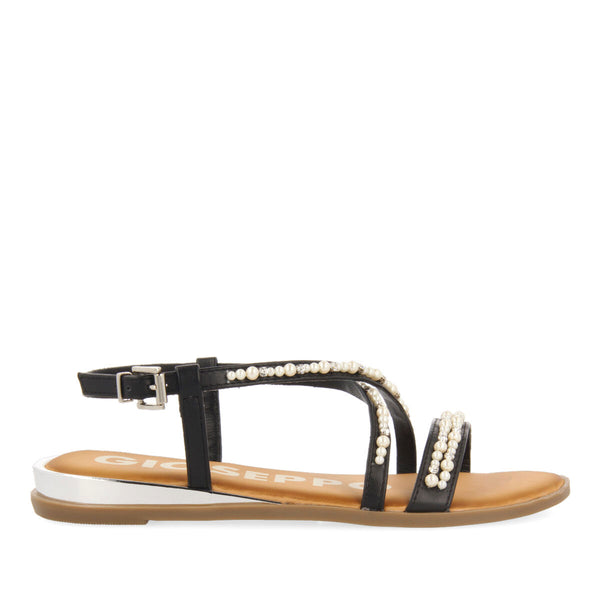 SANDALIAS EN COLOR NEGRO CON DETALLE DE PERLAS Y MINI CUÑA PARA MUJER JENNE