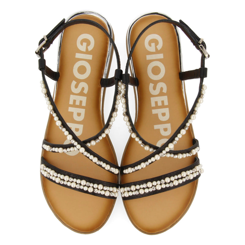 SANDALIAS EN COLOR NEGRO CON DETALLE DE PERLAS Y MINI CUÑA PARA MUJER JENNE