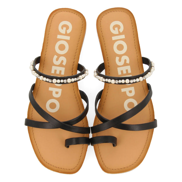 SANDALIAS PLANAS EN COLOR NEGRO CON DETALLE DE PERLAS PARA MUJER LEBU