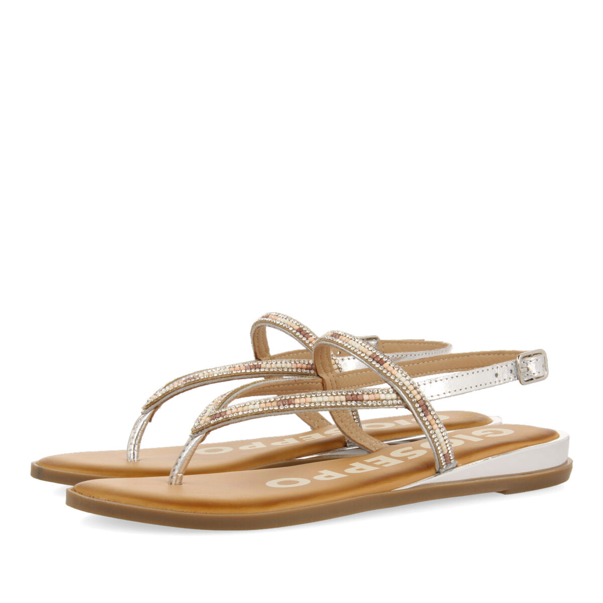 SILVER SANDALS WITH STRAPS AND MULTICOLORED BEADS FOR WOMAN BELCHER