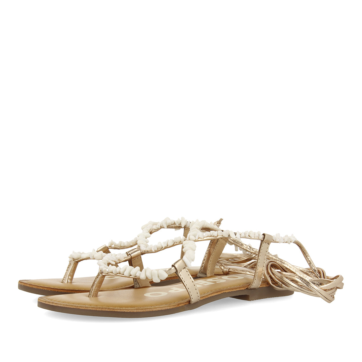 GOLD-COLOURED LEATHER SANDALS WITH WHITE TRIMS FOR WOMEN LISIEUX