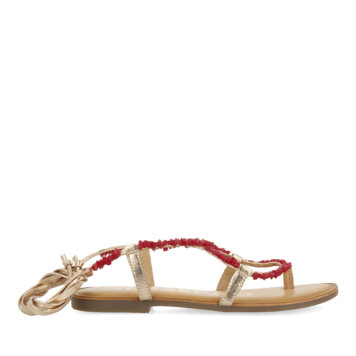 GOLD-COLOURED LEATHER SANDALS WITH RED TRIMS FOR WOMEN LISIEUX