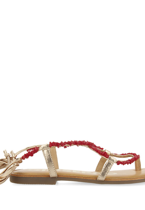 SANDALIAS DE PIEL COLOR DORADO CON ADORNOS EN ROJO PARA MUJER LISIEUX