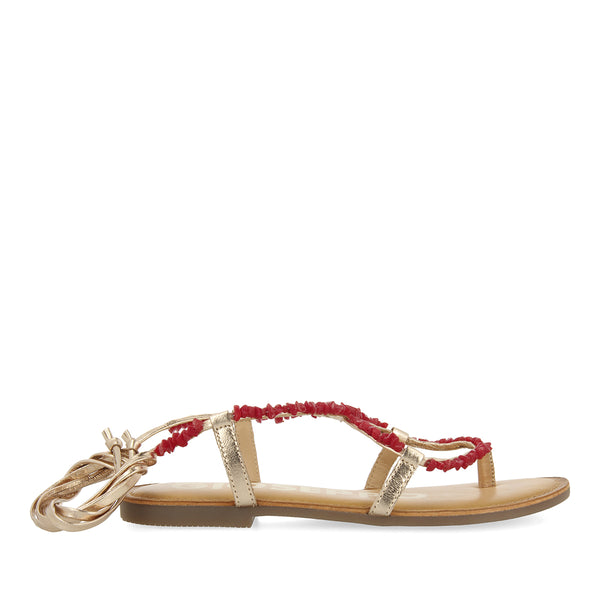 SANDALIAS DE PIEL COLOR DORADO CON ADORNOS EN ROJO PARA MUJER LISIEUX