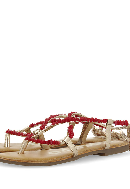 SANDALIAS DE PIEL COLOR DORADO CON ADORNOS EN ROJO PARA MUJER LISIEUX