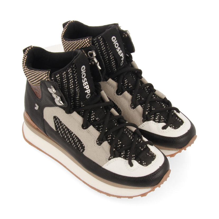 Sneakers estilo botim de montanha castanhos que combinam texturas e peças brancas, pretas e cor cobre para mulher lustenau