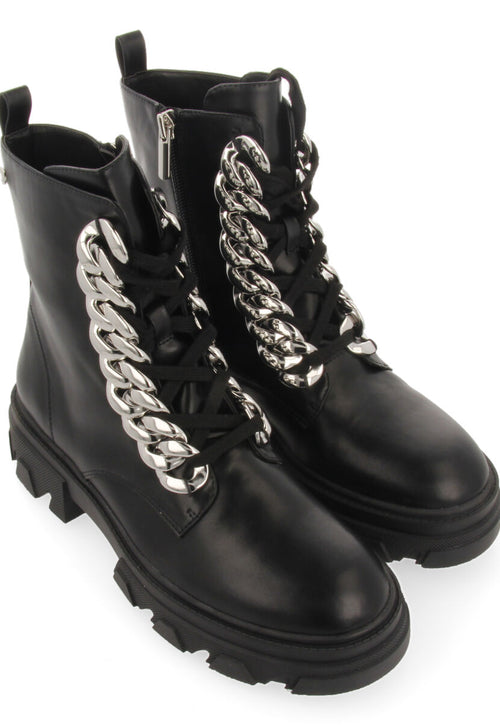 Holzthum women's black lace-up combat boots with track soles and maxi chains