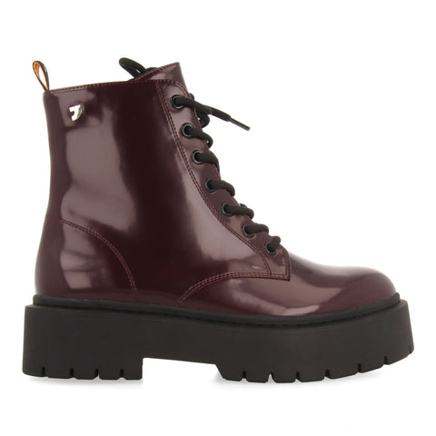 LAUSSA WOMEN'S BURGUNDY LACE-UP BIKER BOOTS WITH BLACK DOUBLE SOLES