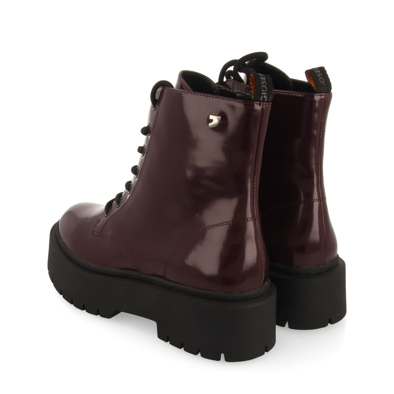 Laussa women's burgundy lace-up biker boots with black double soles
