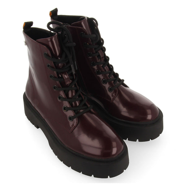 Laussa women's burgundy lace-up biker boots with black double soles