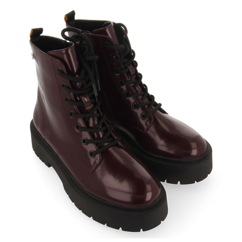 Laussa women's burgundy lace-up biker boots with black double soles
