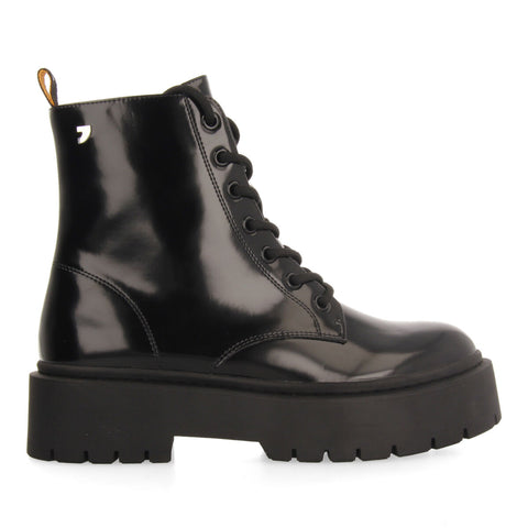 LAUSSA WOMEN'S BLACK LACE-UP BIKER BOOTS WITH BLACK DOUBLE SOLES