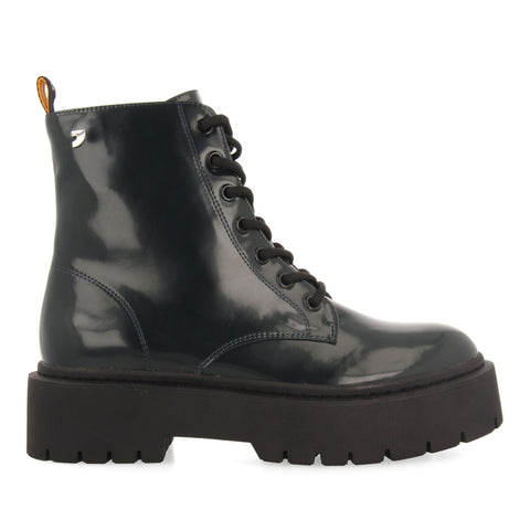 LAUSSA WOMEN'S DARK GREEN LACE-UP BIKER BOOTS WITH BLACK DOUBLE SOLES