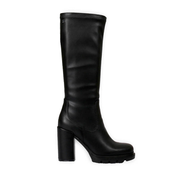 Bota negra alta de punta redondeada con plataforma track y tacón alto para mujer weidingen