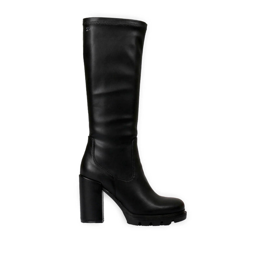 Bota negra alta de punta redondeada con plataforma track y tacón alto para mujer weidingen