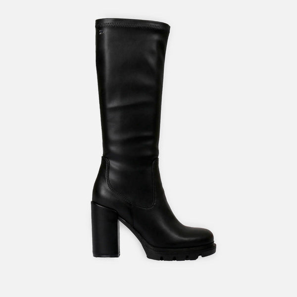 Bota negra alta de punta redondeada con plataforma track y tacón alto para mujer weidingen