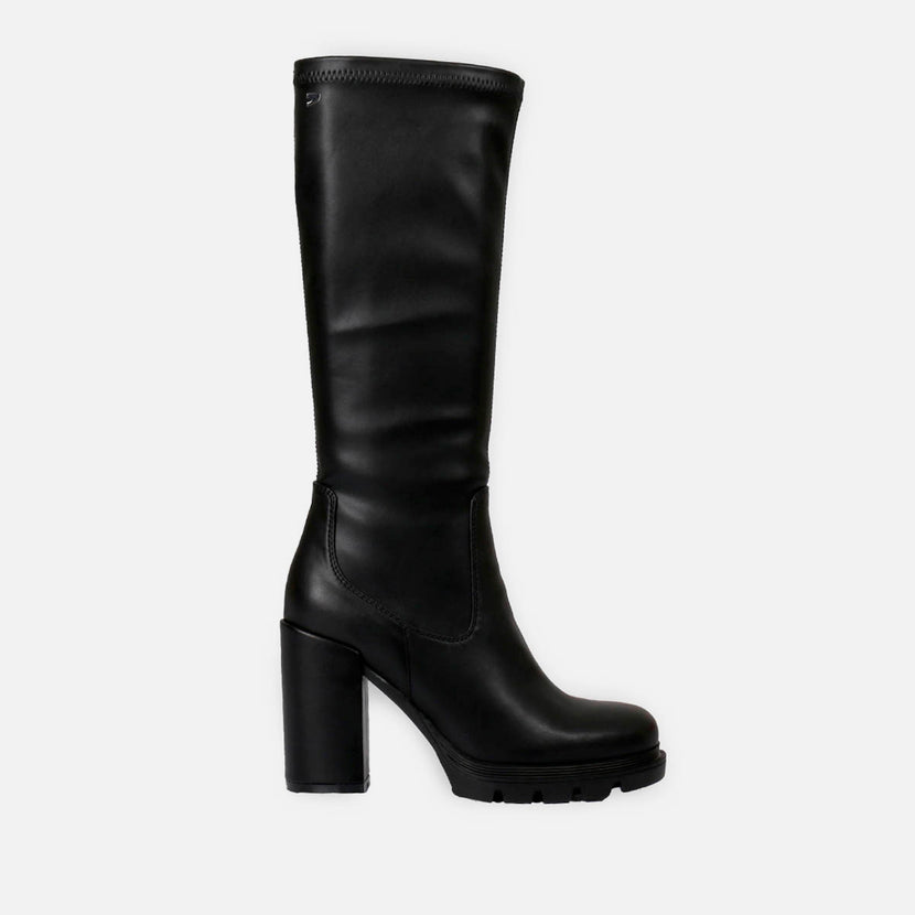 Bota negra alta de punta redondeada con plataforma track y tacón alto para mujer weidingen