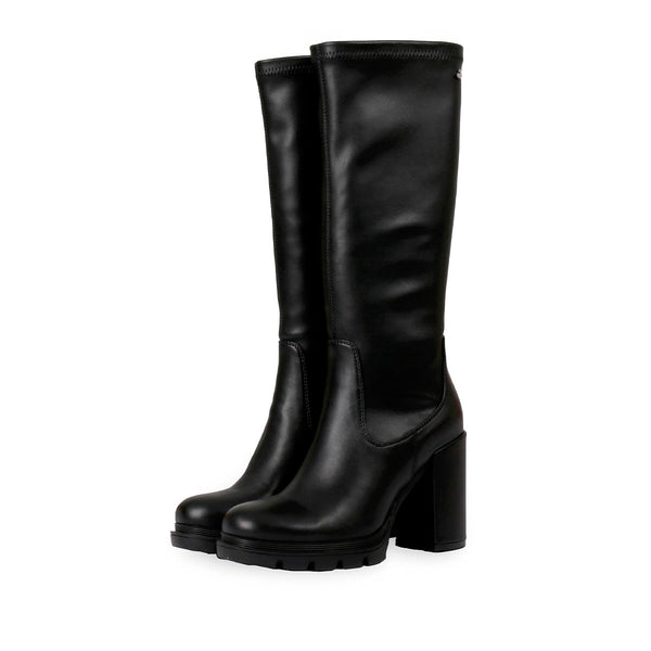 Bota negra alta de punta redondeada con plataforma track y tacón alto para mujer weidingen